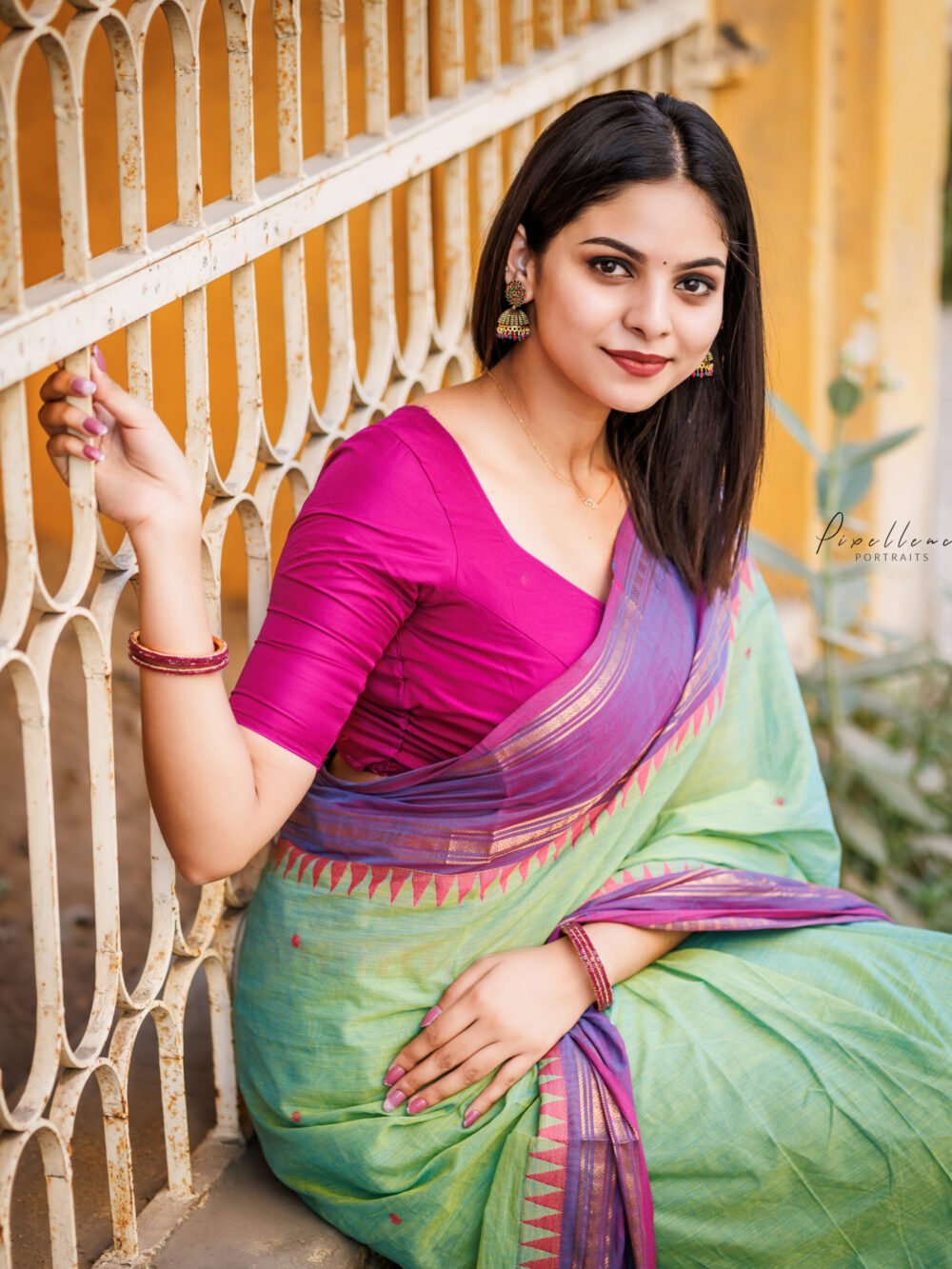 Green Amethyst -Seafoam Green Saree with Lavender Triangle Shape Border Green Amethyst -Seafoam Green Saree with Lavender Triangle Shape Border