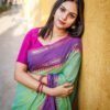 Green Colour Saree with Lavender Triangle Shape Border