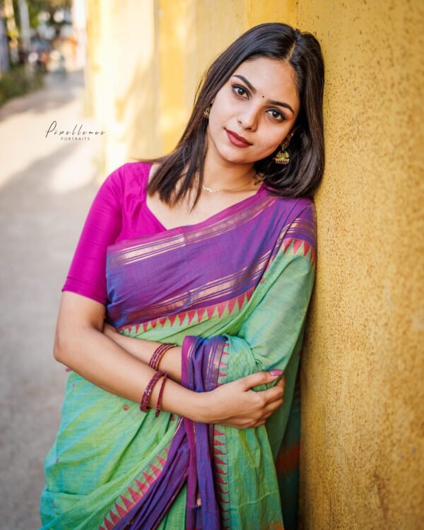 Green Colour Saree with Lavender Triangle Shape Border