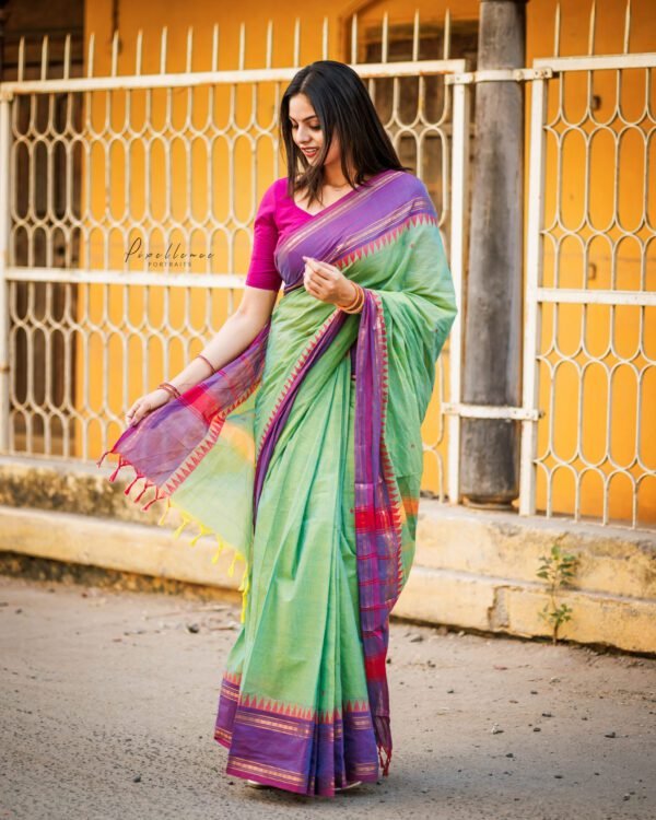Green Colour Saree with Lavender Triangle Shape Border