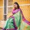 Green Colour Saree with Lavender Triangle Shape Border