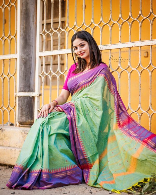 Green Colour Saree with Lavender Triangle Shape Border