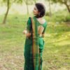 Green Blush - Pine Green Saree with Leaf Shape Golden Border Pine Green Saree with Leaf Shape Golden Border