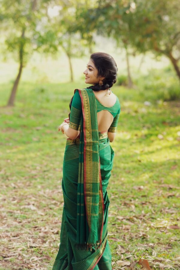 Green Blush - Pine Green Saree with Leaf Shape Golden Border Pine Green Saree with Leaf Shape Golden Border