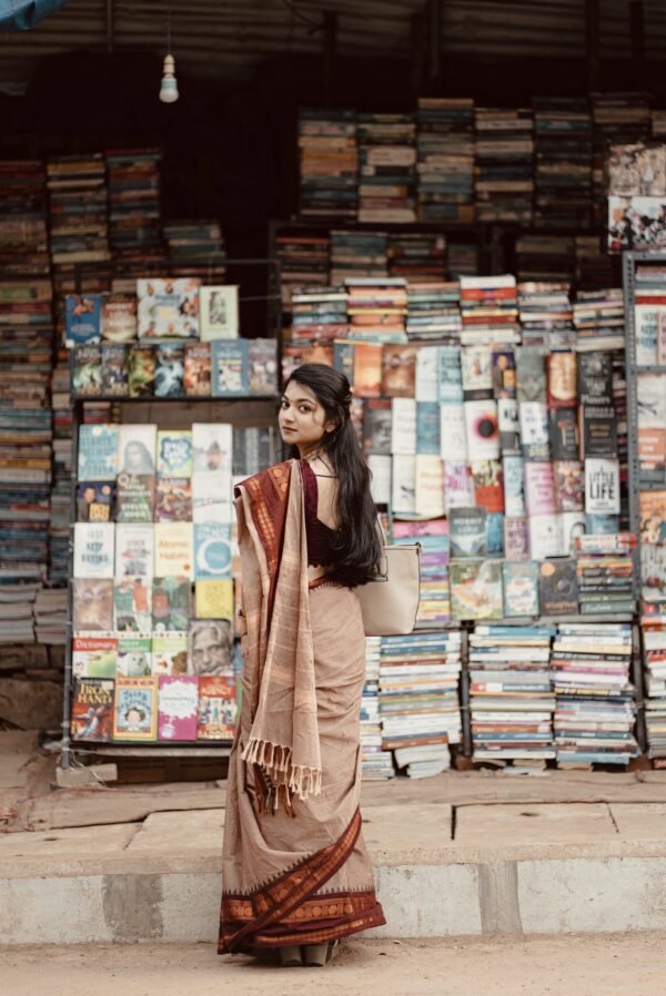 Light Brown and Maroon Pattern Border_Handloom Cotton Saree 2 Light Brown Colour Saree With Maroon Border