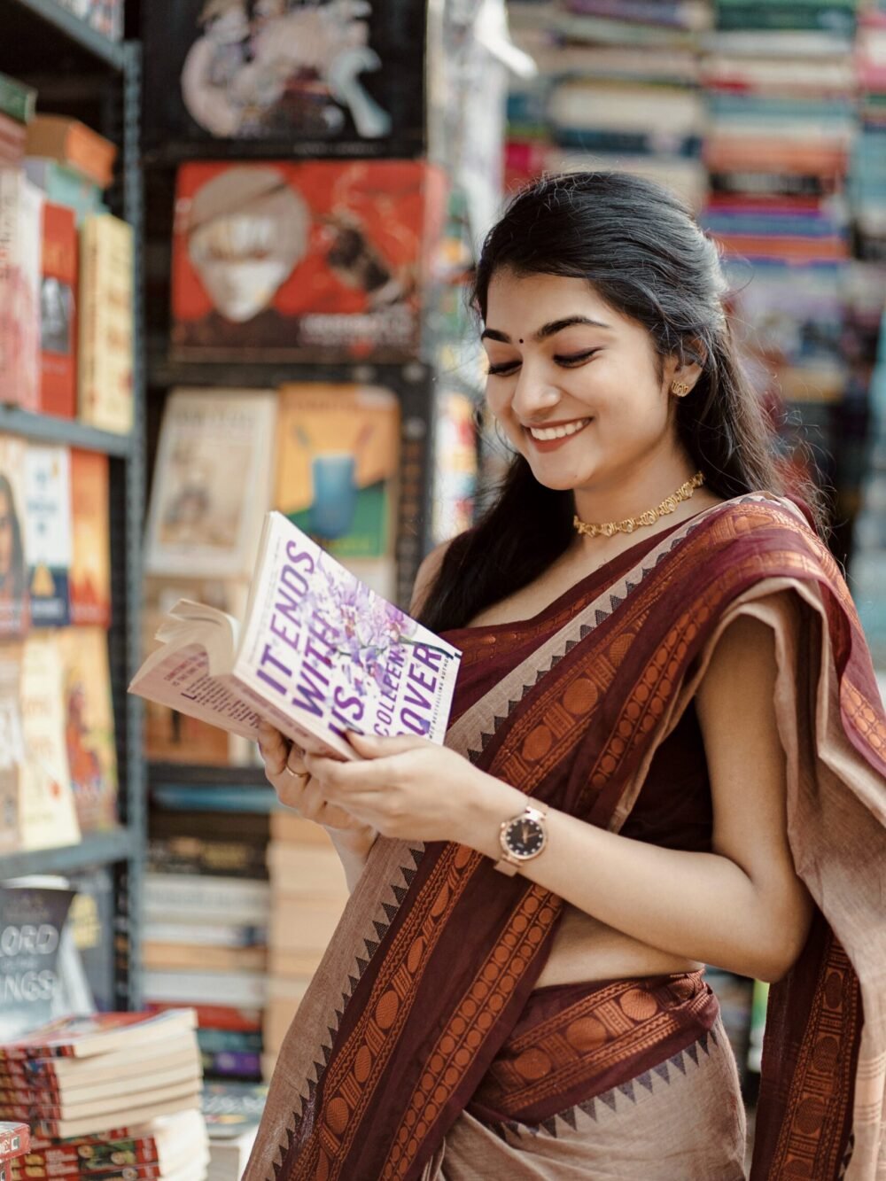 Light Brown Colour Saree With Maroon Border