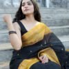 Midnight Gold - Traditional Black With Sandlewood Triangle Finish Border 1 Black Saree with Yellow Border