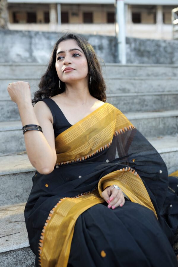 Midnight Gold - Traditional Black With Sandlewood Triangle Finish Border 1 Black Saree with Yellow Border