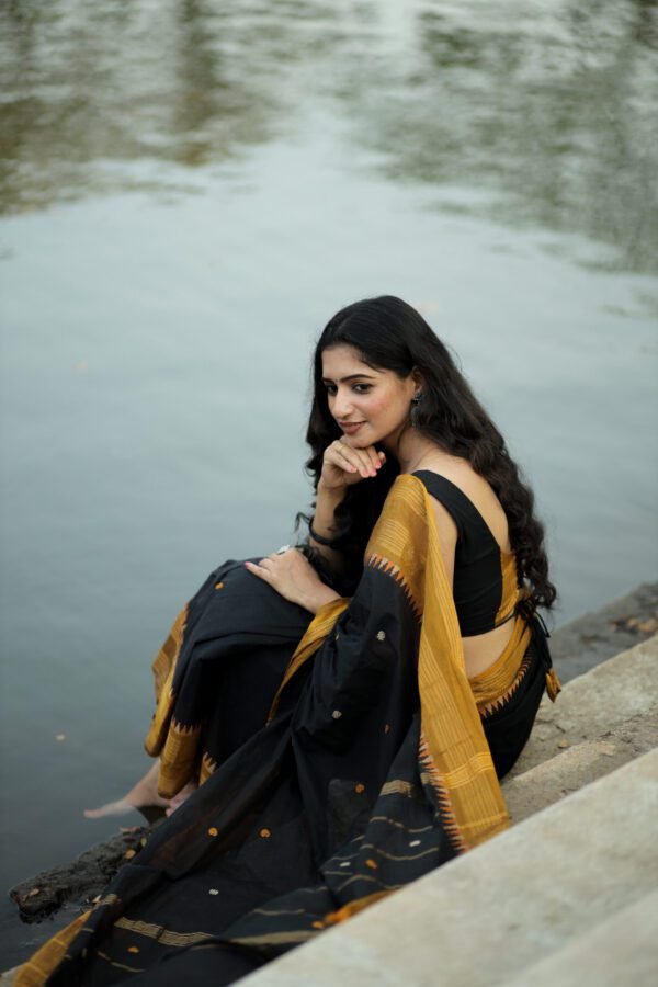 Midnight Gold - Traditional Black With Sandlewood Triangle Finish Border 4 Black Saree with Yellow Border