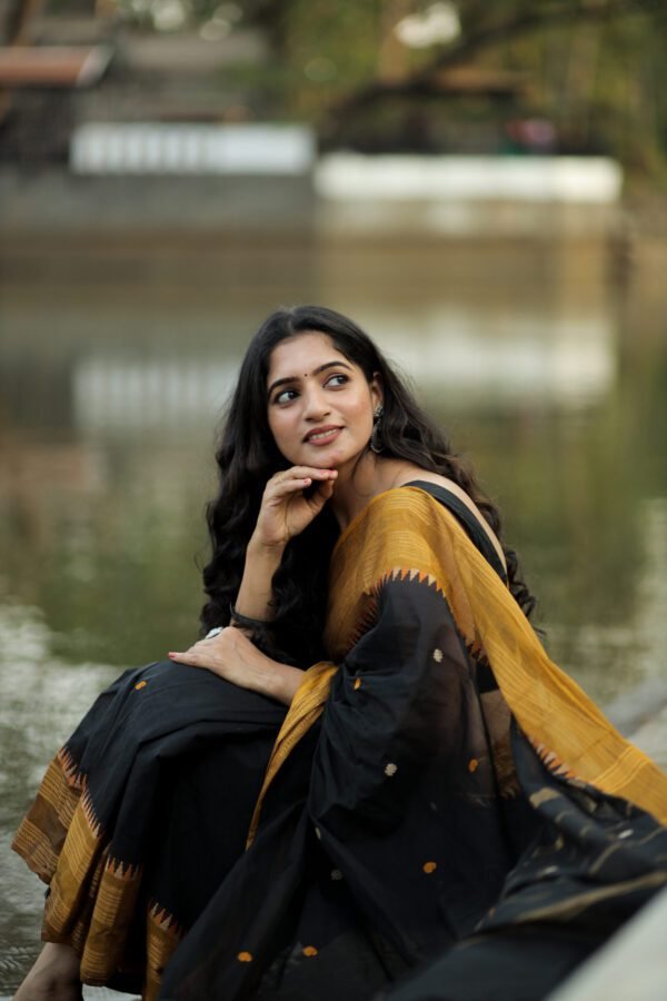 Midnight Gold - Traditional Black With Sandlewood Triangle Finish Border 6 Black Saree with Yellow Border