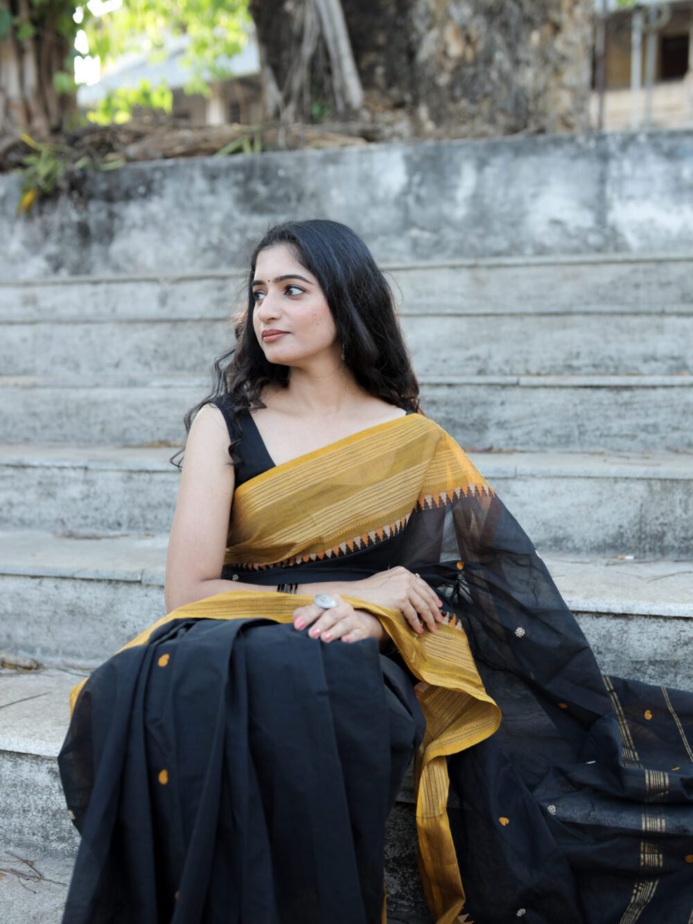 Midnight Gold - Traditional Black With Sandlewood Triangle Finish Border Black Saree with Yellow Border