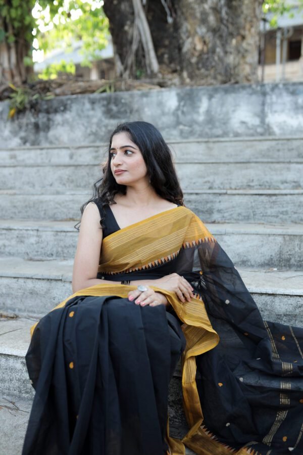 Midnight Gold - Traditional Black With Sandlewood Triangle Finish Border Black Saree with Yellow Border