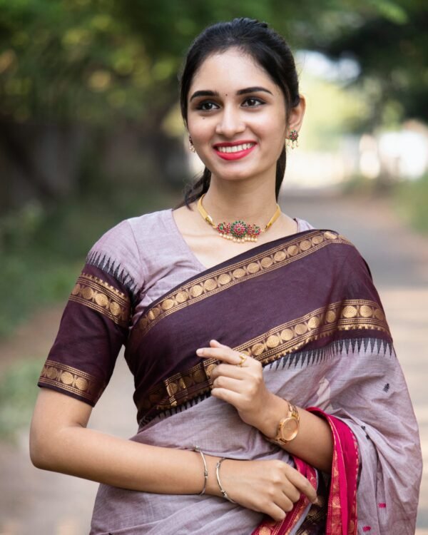 Rose Sunset - Faded PurpleSaree With Chocolate Brown And Flemingo Pink Border 4 Rose Sunset - Faded Purple Saree with Chocolate Brown and Flamingo Pink Border