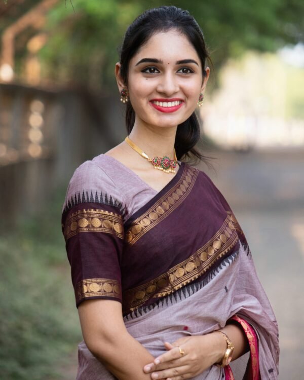 Rose Sunset - Faded PurpleSaree With Chocolate Brown And Flemingo Pink Border Rose Sunset - Faded Purple Saree with Chocolate Brown and Flamingo Pink Border