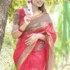 Rustic Scarlet - Red Saree with Brown Checked And Thin Yellow Finished Border 4 Red Saree with Brown Checked and Yellow Border