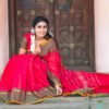 Rustic Scarlet - Red Saree with Brown Checked And Thin Yellow Finished Border Red Saree with Brown Checked and Yellow Border
