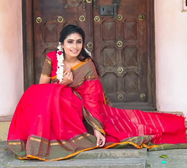 Rustic Scarlet - Red Saree with Brown Checked And Thin Yellow Finished Border Red Saree with Brown Checked and Yellow Border