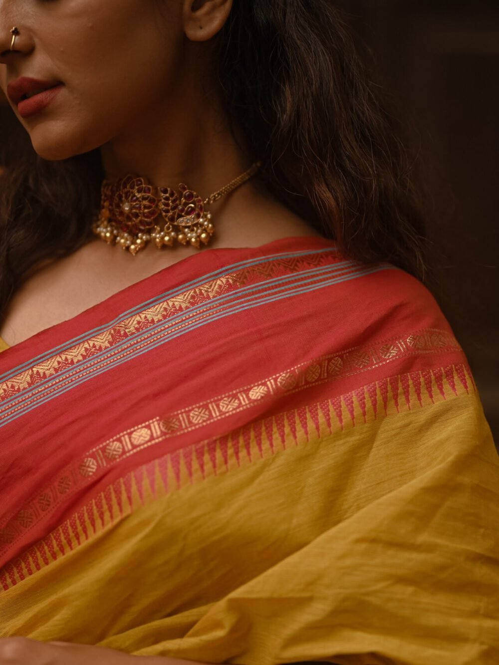 Sunset Radiance - Saffron Yellow Saree with Red And Golden Lined Border 1 Saffron Yellow Saree with Red and Golden Lined Border