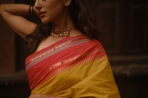 Saffron Yellow Saree with Red and Golden Lined Border