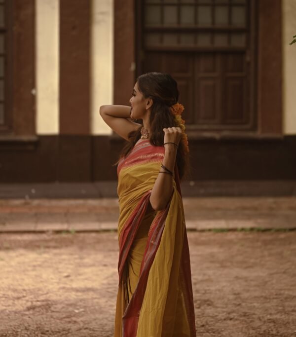 Saffron Yellow Saree with Red and Golden Lined Border