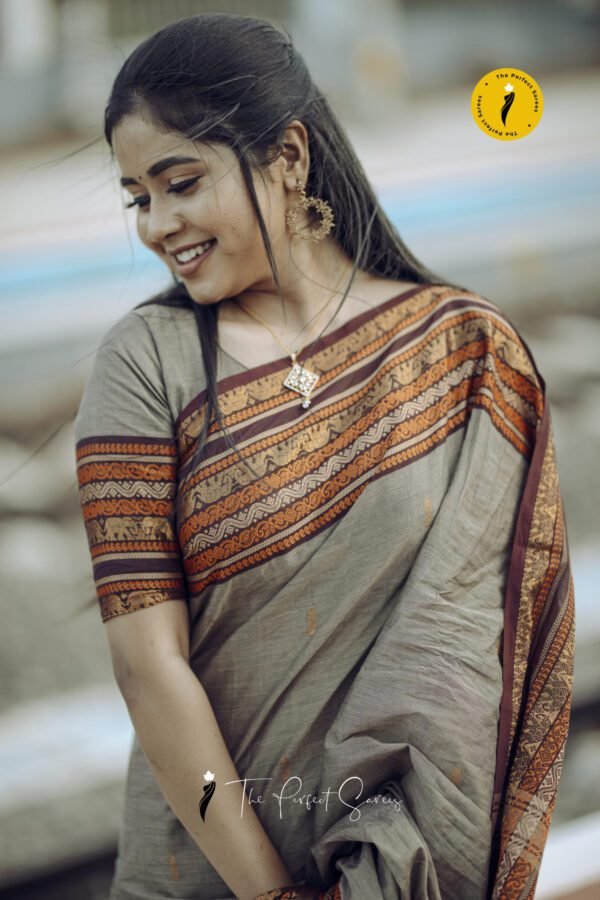 S1 Grey Saree with Maroon and Orange Border