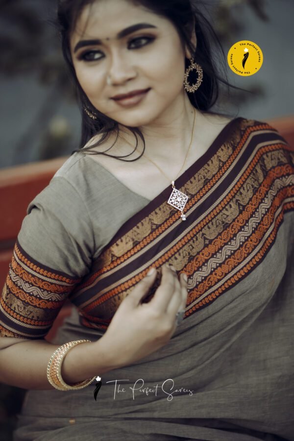 S11 Grey Saree with Maroon and Orange Border