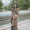 S14 Grey Saree with Maroon and Orange Border
