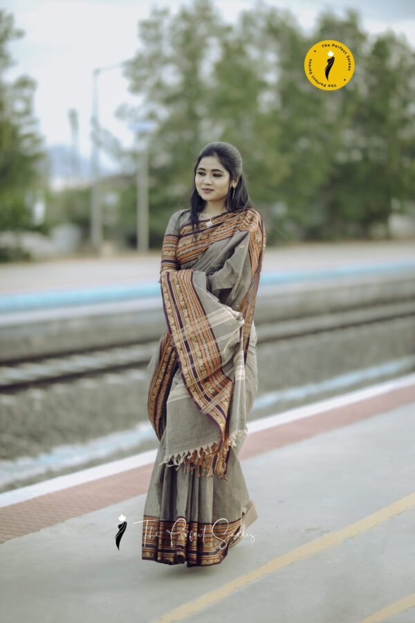 S14 Grey Saree with Maroon and Orange Border