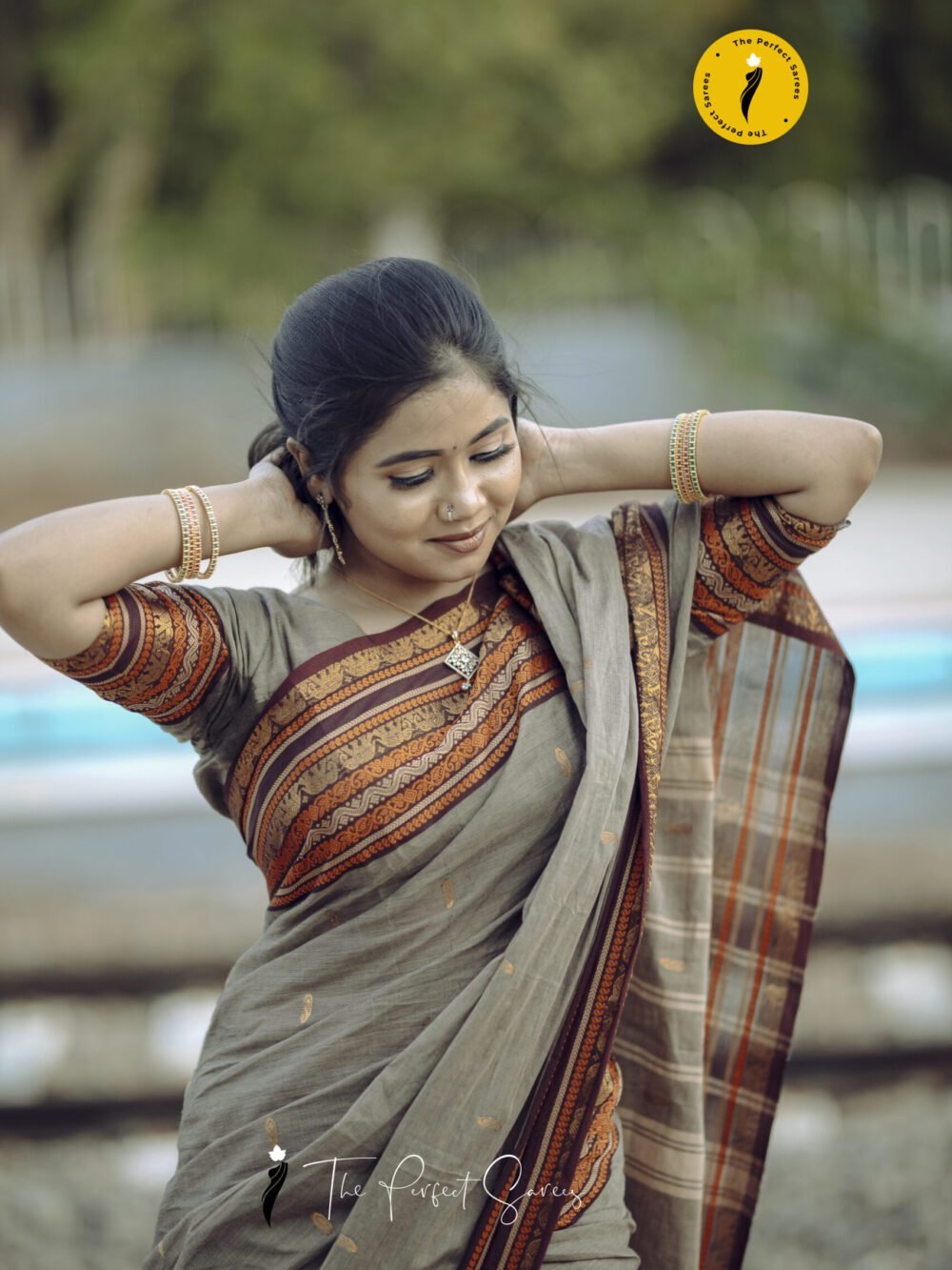 Grey Saree with Maroon and Orange Border