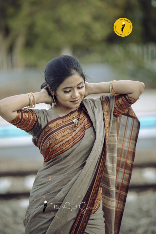 S4 Grey Saree with Maroon and Orange Border