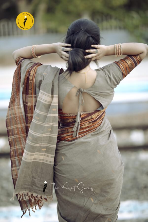 S5 Grey Saree with Maroon and Orange Border