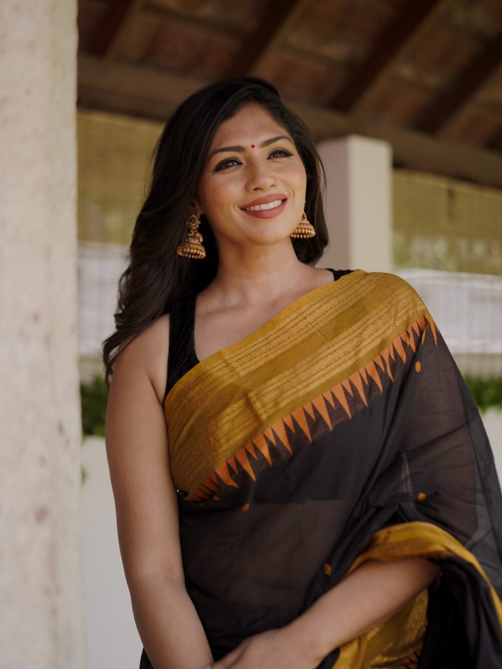 image (77) Black Saree with Unique Golden Zig Zag Jari Border