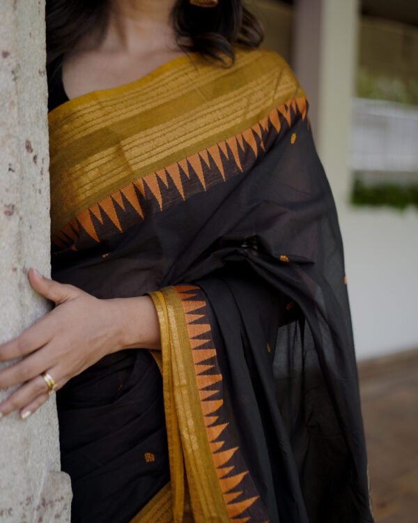image (84) Black Saree with Unique Golden Zig Zag Jari Border