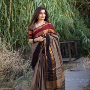 Earthy Ember - Brown Saree with Big Red Pattern and Small Black Border