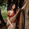 Checked Brown Kanchi Cotton Saree with Red Border
