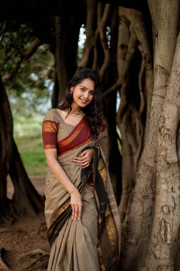 Checked Brown Kanchi Cotton Saree with Red Border