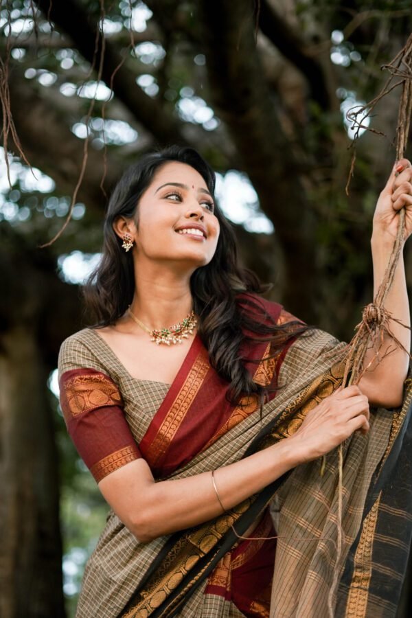 Checked Brown Kanchi Cotton Saree with Red Border