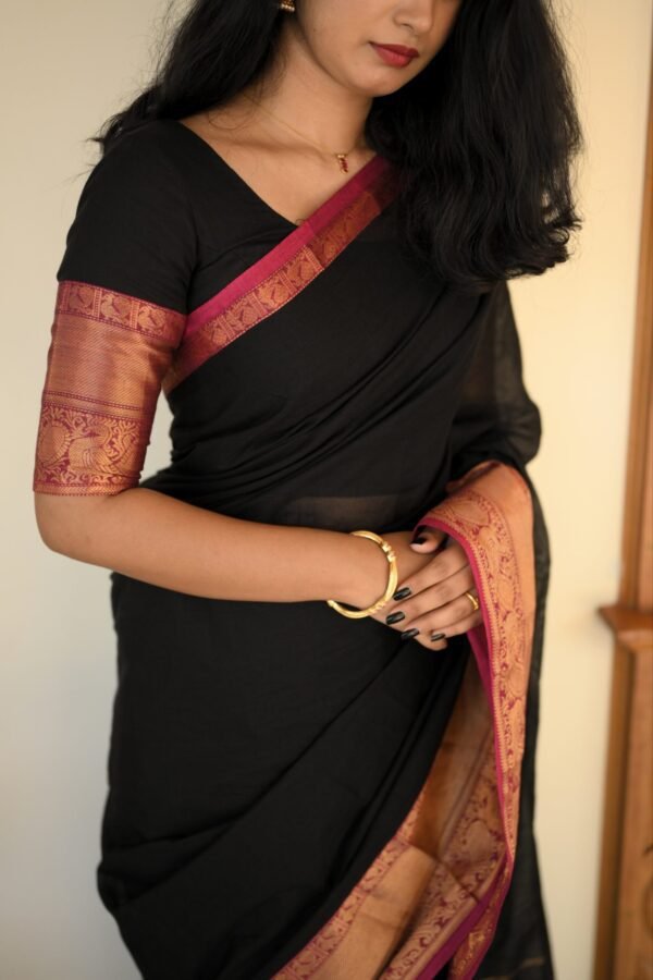 Black Kanchi Cotton Saree with Red Jari Border