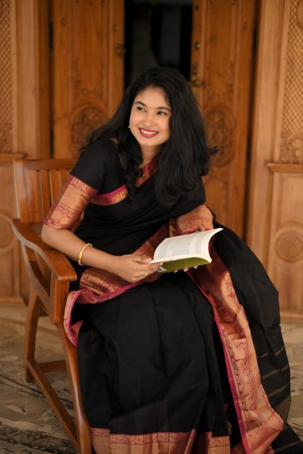 Black Kanchi Cotton Saree with Red Jari Border