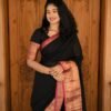 Black Kanchi Cotton Saree with Red Jari Border