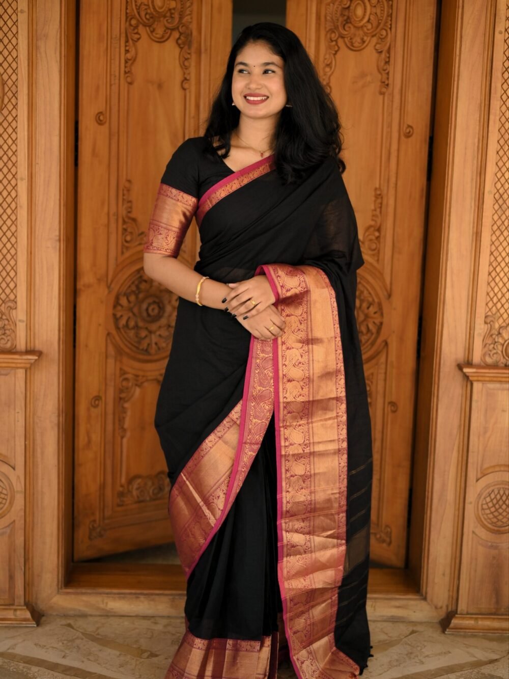 2025/02/1000059764-scaled.jpg Black Kanchi Cotton Saree with Red Jari Border