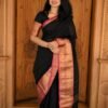 Black Kanchi Cotton Saree with Red Jari Border