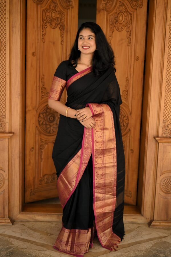 Black Kanchi Cotton Saree with Red Jari Border