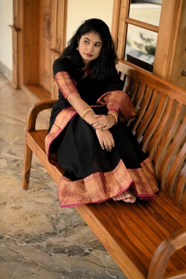 Black Kanchi Cotton Saree with Red Jari Border