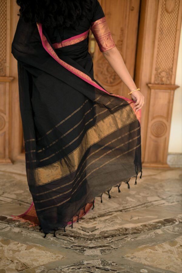 Black Kanchi Cotton Saree with Red Jari Border