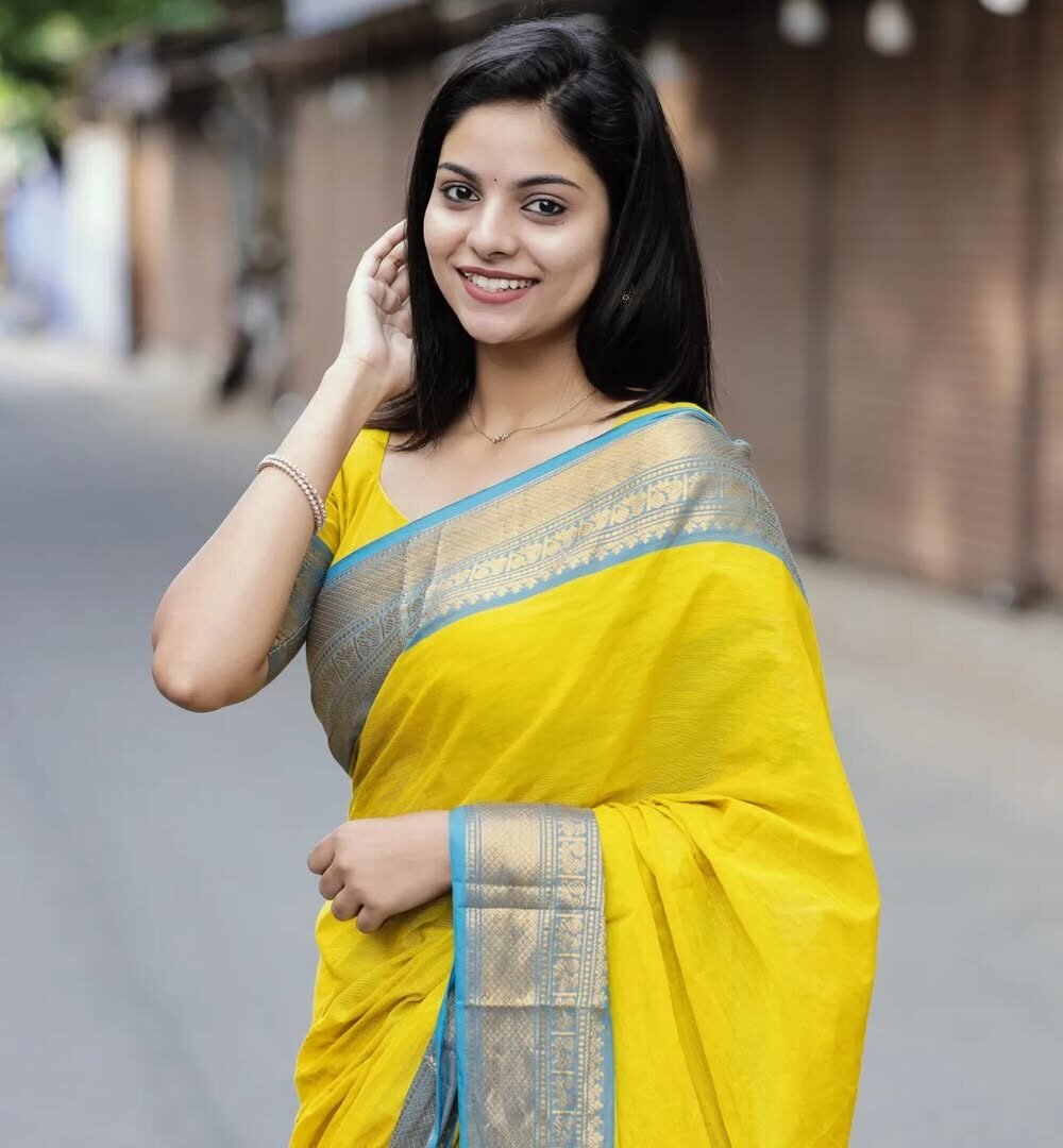 456233944_1194788315102941_5784900439331053369_n Yellow with Blue Jari Border Kanchi Cotton Saree