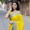 Yellow with Blue Jari Border Kanchi Cotton Saree