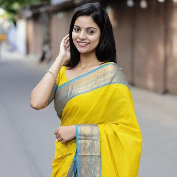 Yellow with Blue Jari Border Kanchi Cotton Saree