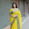 Yellow with Blue Jari Border Kanchi Cotton Saree