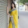 Yellow with Blue Jari Border Kanchi Cotton Saree